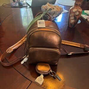 NWT Vera Bradley Bronze Metallic Leather Mini Backpack & Matching Mini Charm Bag